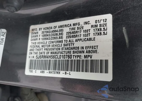 2012 Honda Cr-V Ex z USA, uszkodzony, nr VIN 5J6RM4H56CL010760